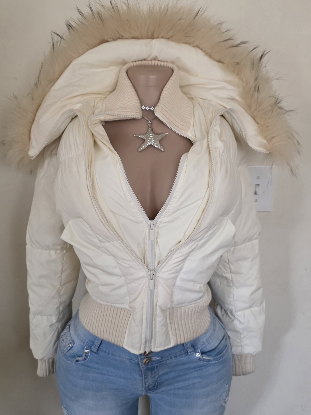 BCBGMaxAzria Cream Puffer Jacket with Fur Trim